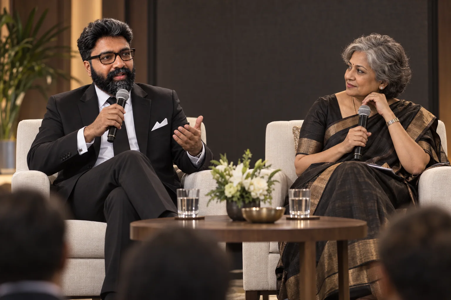 Two speakers sharing perspectives at a gathering