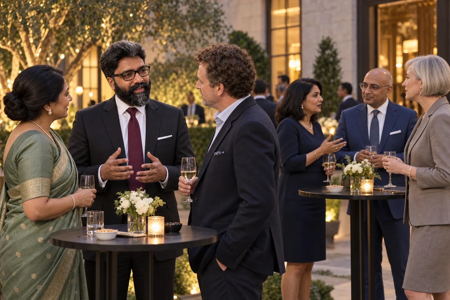 Guests in conversation at an evening garden reception