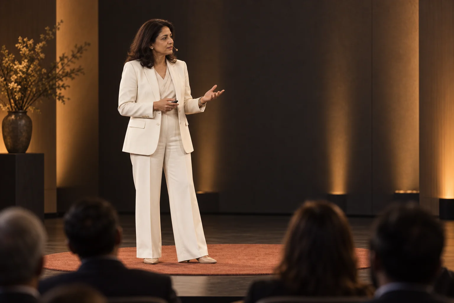 A speaker addressing an audience on a warmly lit stage