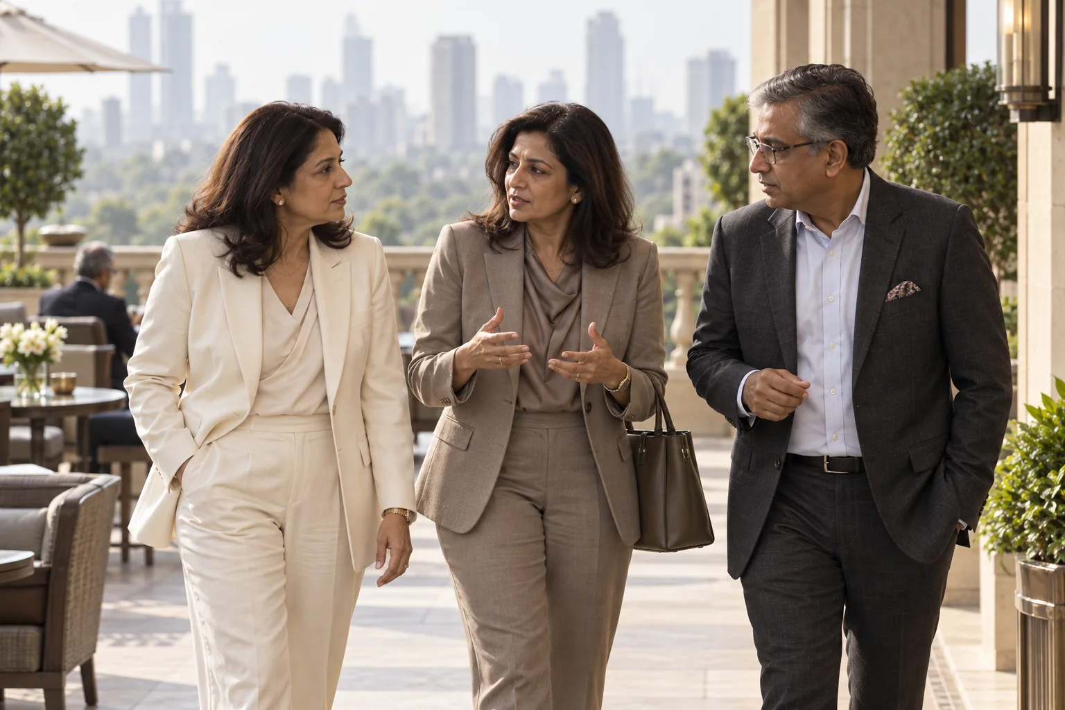 Leaders in conversation on a sunlit terrace