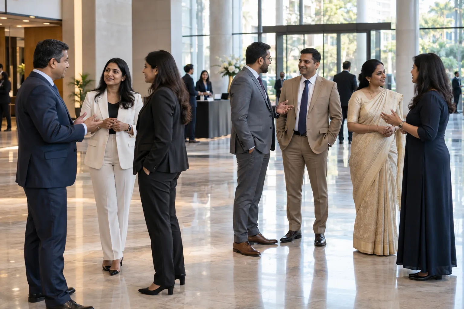 Senior Indian business leaders in conversation in a bright corporate atrium