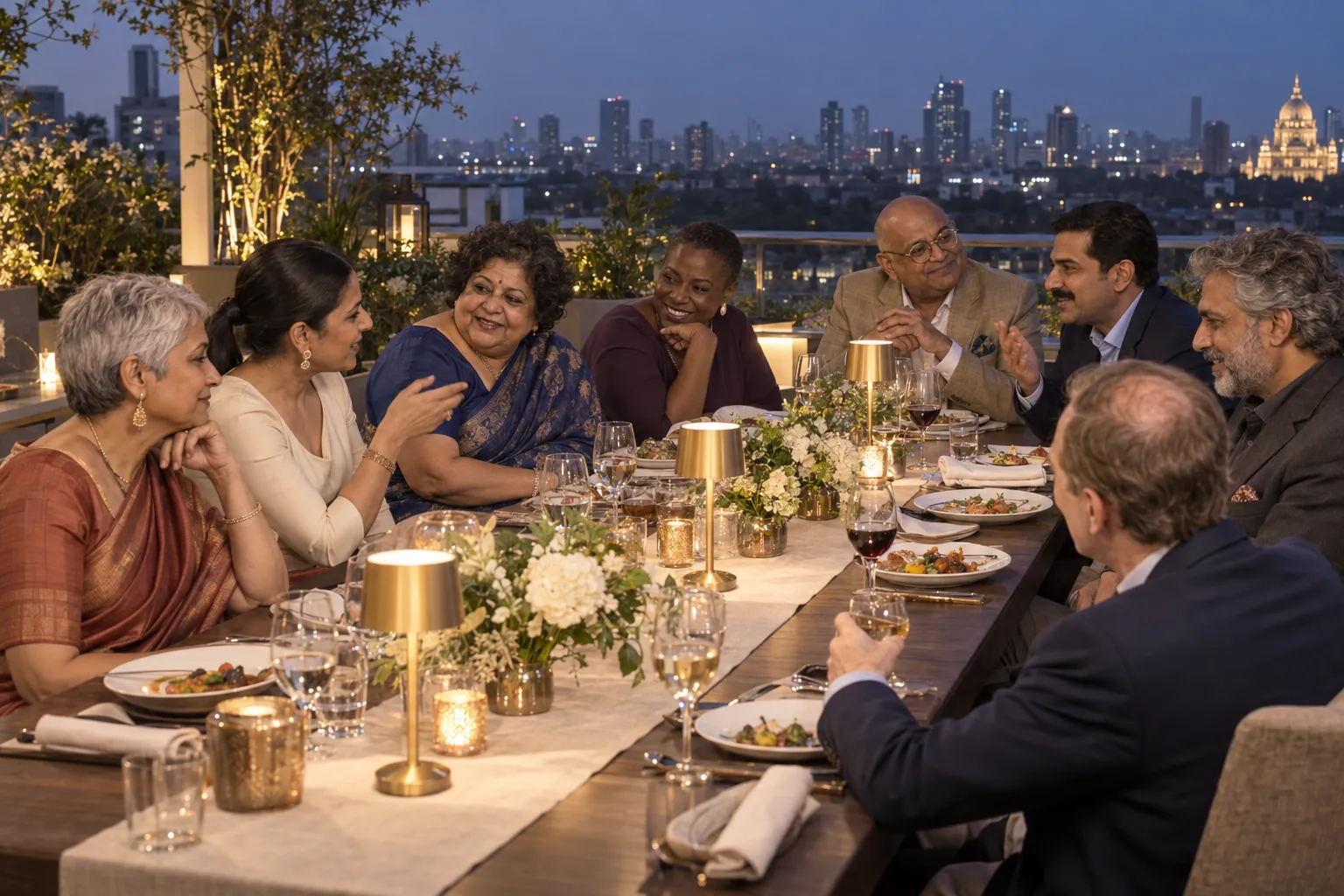 Senior leaders at a rooftop dinner above the city at dusk