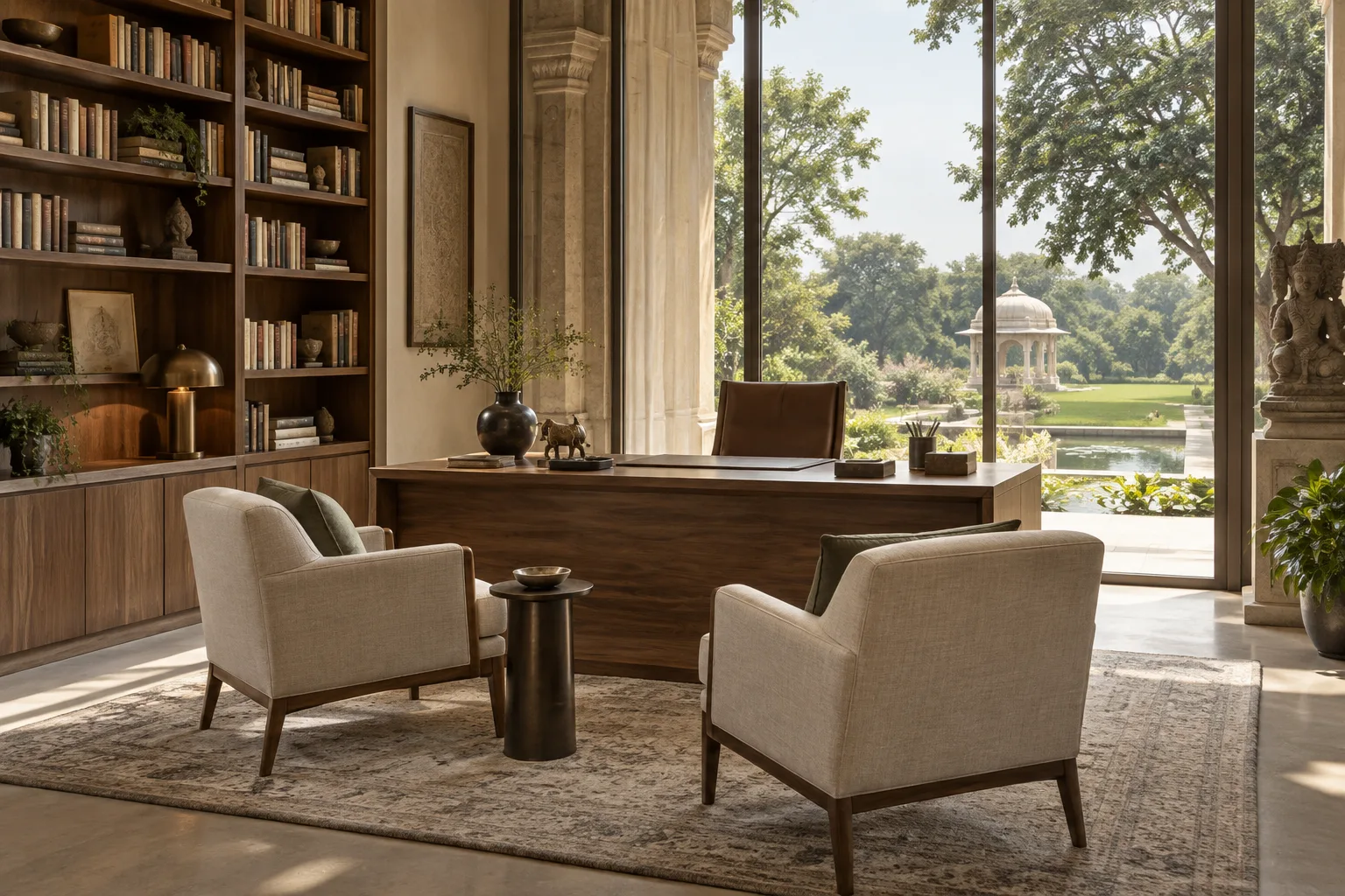 An empty corner office, two armchairs and a desk before tall windows onto a garden