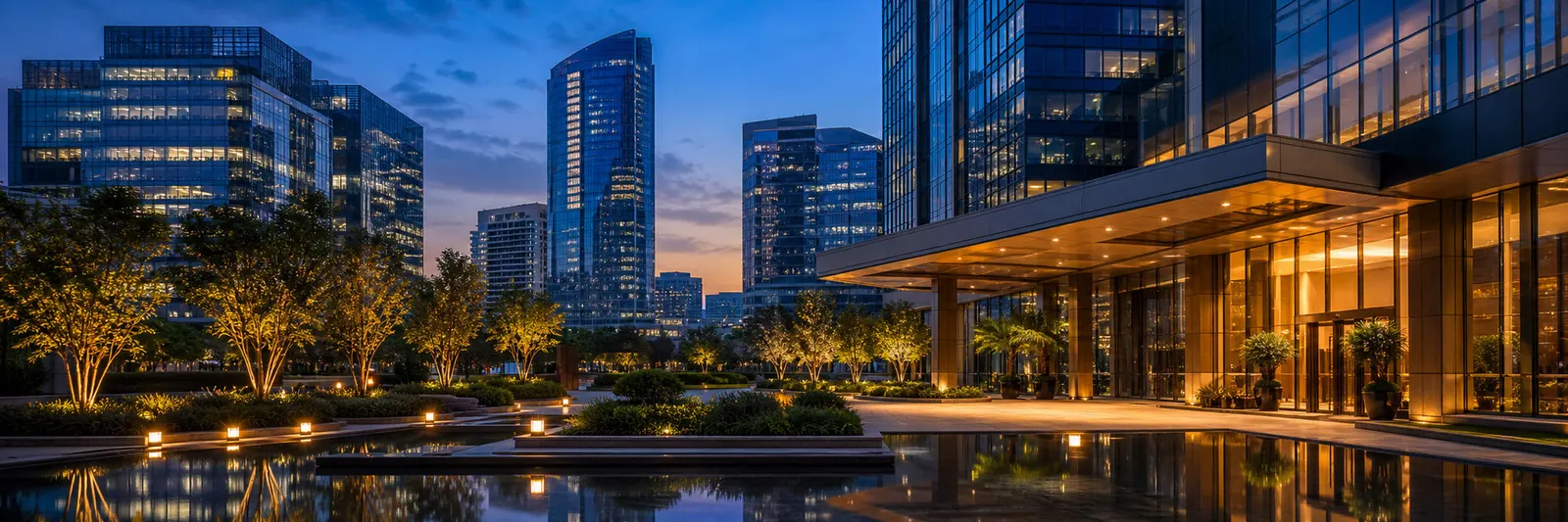 Corporate towers in Gurugram at dusk