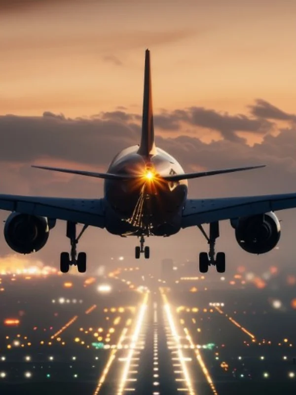 An aircraft on final approach over a lit runway at dusk