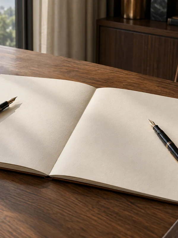 An open notebook and a fountain pen on a desk